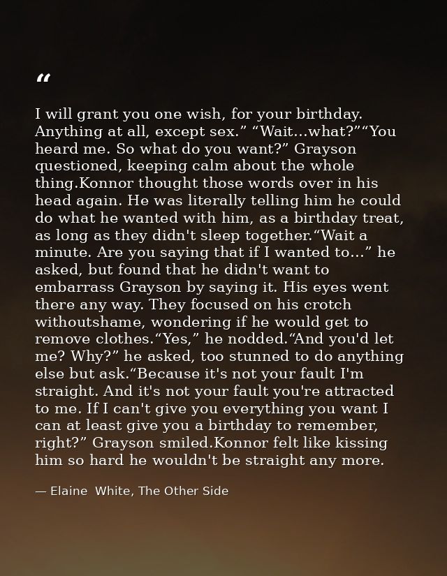 I will grant you one wish, for your birthday. Anything at all, except sex.” “Wait…what?”“You heard me. So what do you wa — Elaine  White, The Other Side