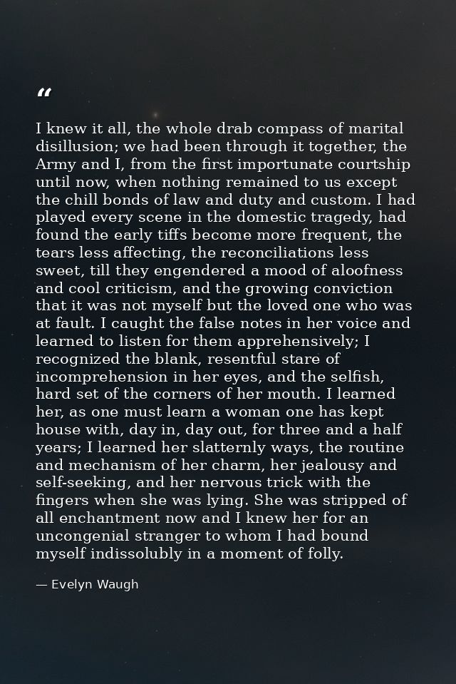 I knew it all, the whole drab compass of marital disillusion; we had been through it together, the Army and I, from the  — Evelyn Waugh