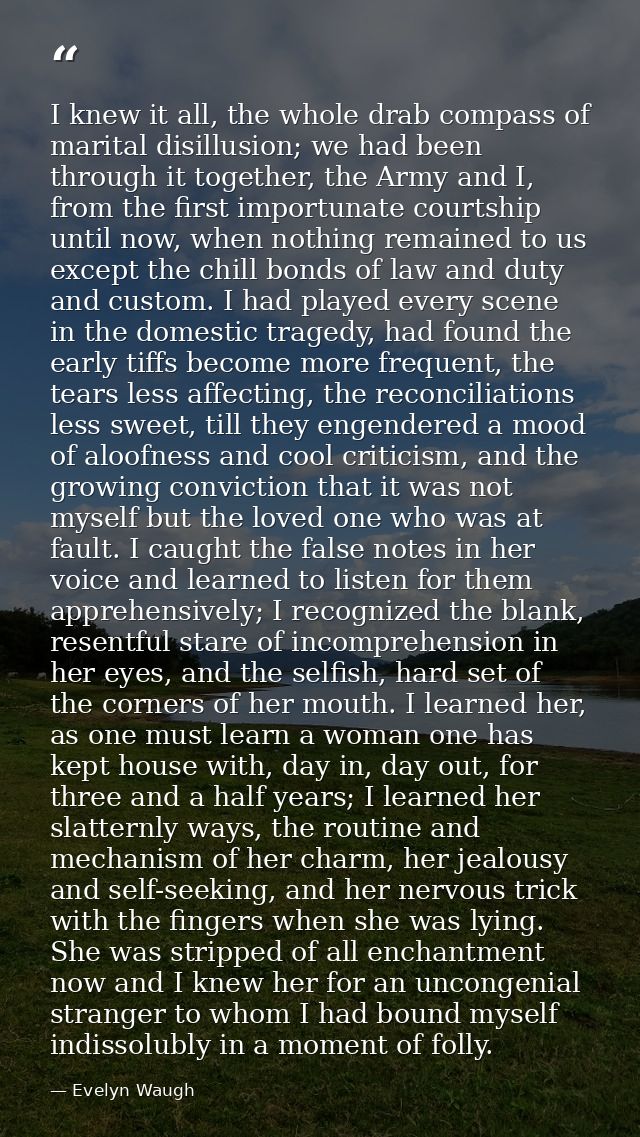 I knew it all, the whole drab compass of marital disillusion; we had been through it together, the Army and I, from the  — Evelyn Waugh