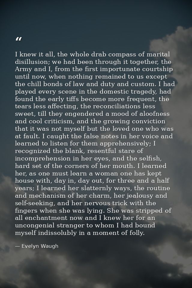 I knew it all, the whole drab compass of marital disillusion; we had been through it together, the Army and I, from the  — Evelyn Waugh