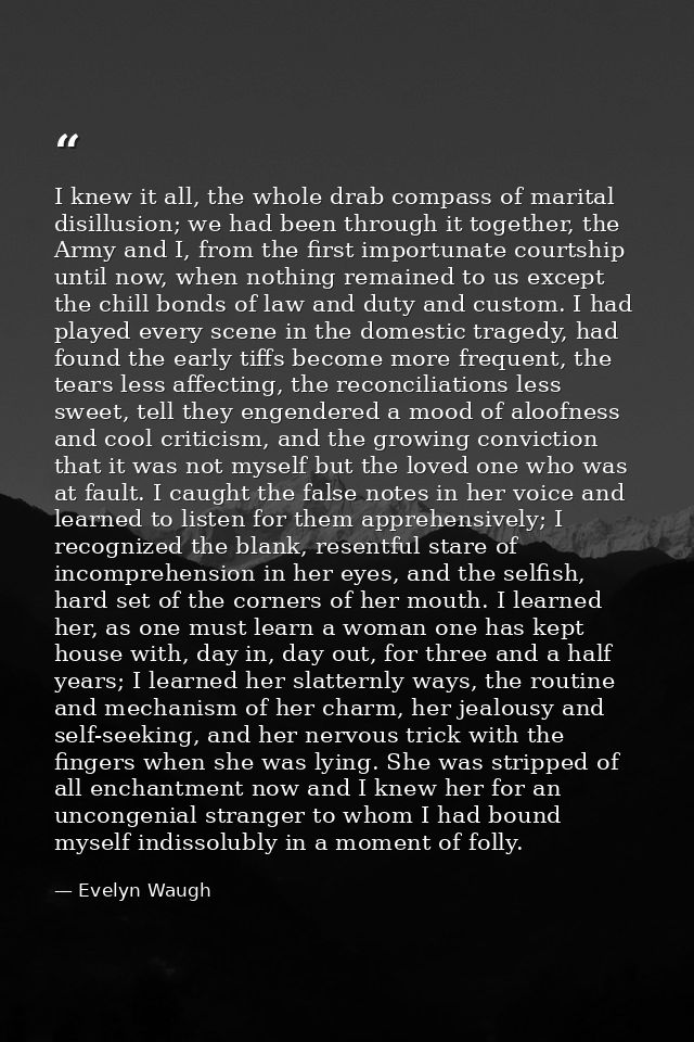 I knew it all, the whole drab compass of marital disillusion; we had been through it together, the Army and I, from the  — Evelyn Waugh