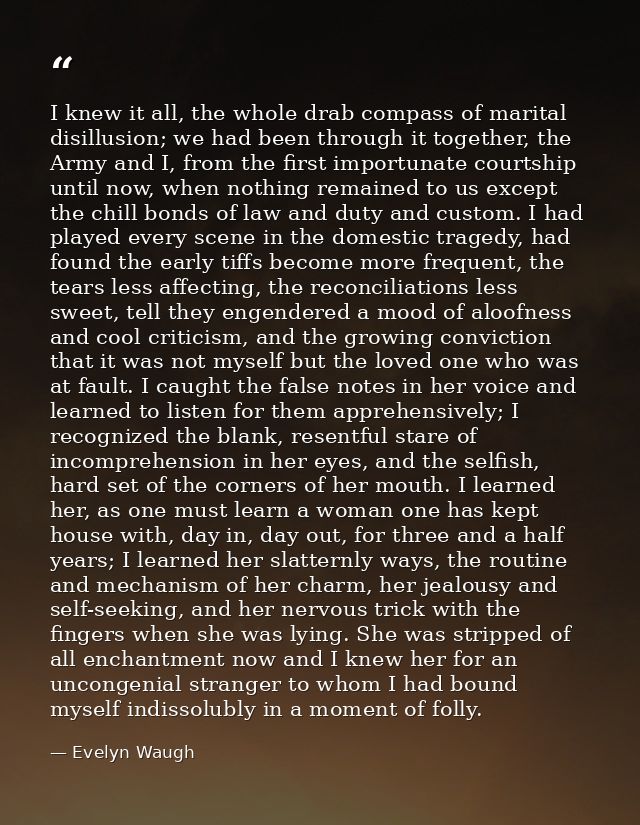 I knew it all, the whole drab compass of marital disillusion; we had been through it together, the Army and I, from the  — Evelyn Waugh