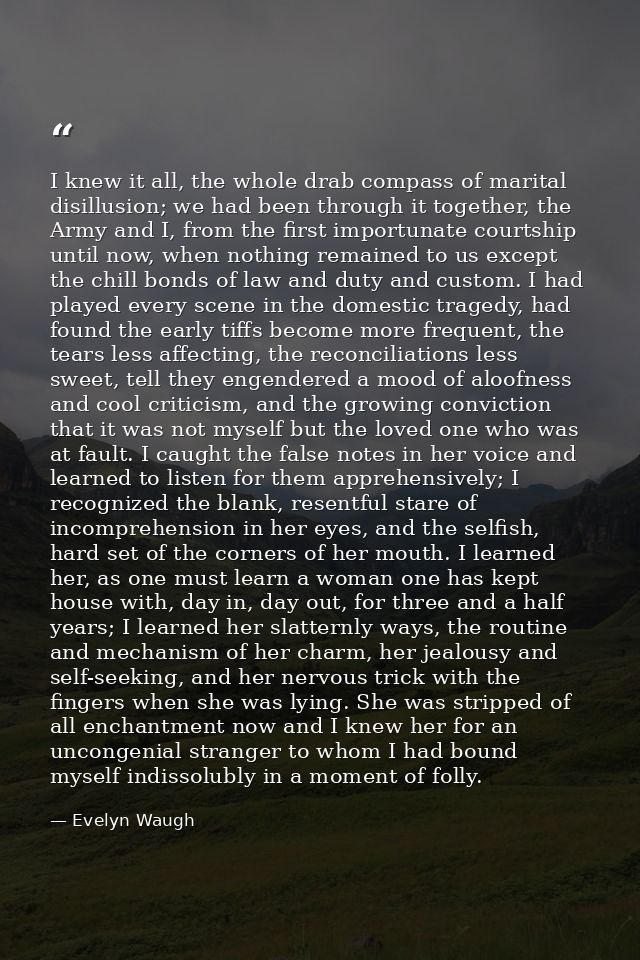 I knew it all, the whole drab compass of marital disillusion; we had been through it together, the Army and I, from the  — Evelyn Waugh