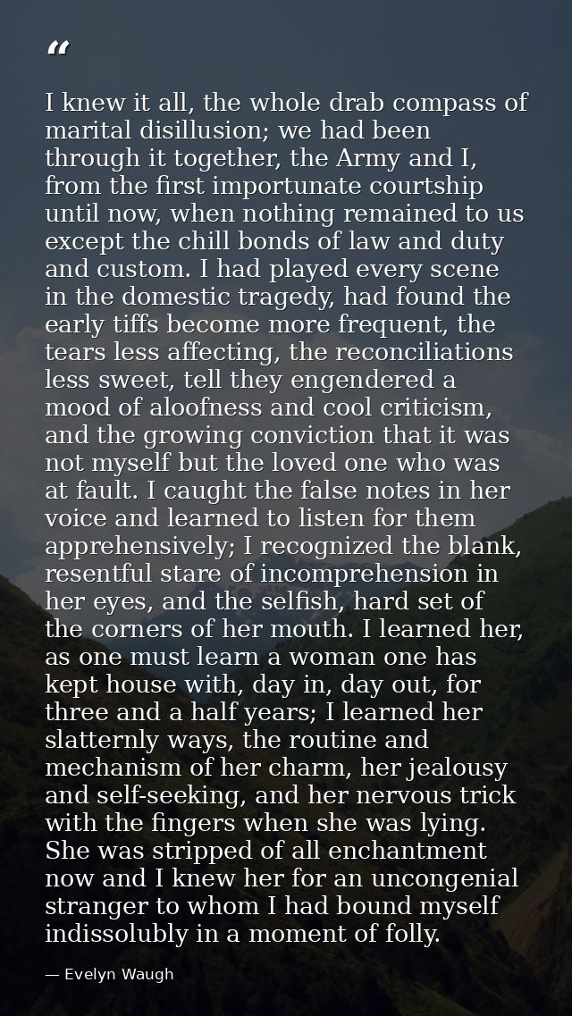 I knew it all, the whole drab compass of marital disillusion; we had been through it together, the Army and I, from the  — Evelyn Waugh