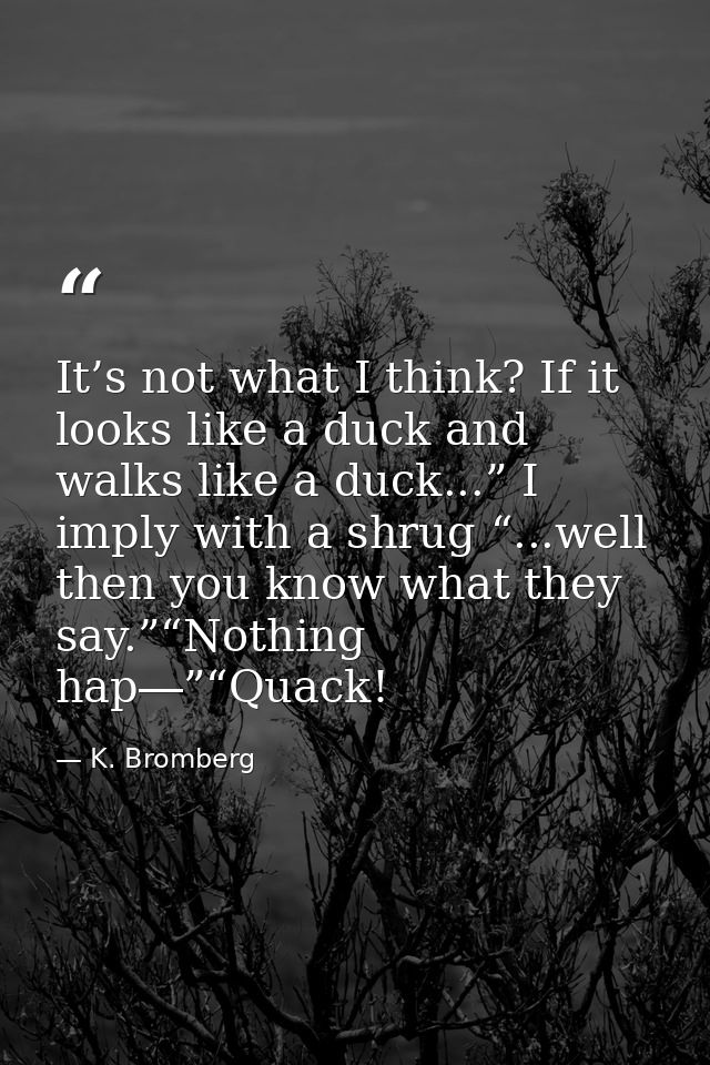 It’s not what I think? If it looks like a duck and walks like a duck...” I imply with a shrug “...well then you know wha — K. Bromberg