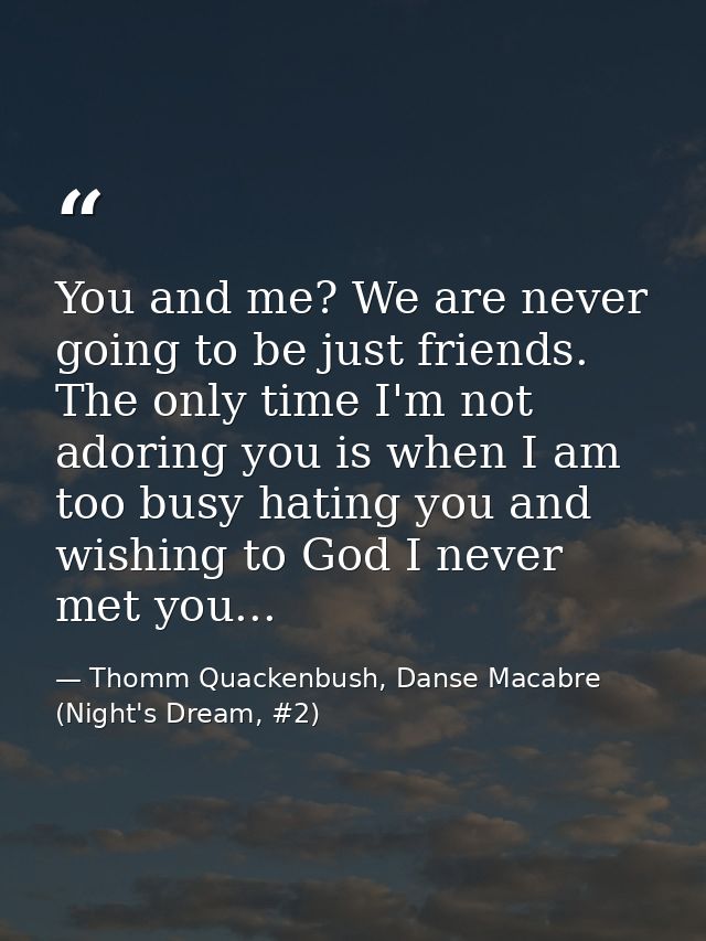 You and me? We are never going to be just friends. The only time I'm not adoring you is when I am too busy hating you an — Thomm Quackenbush, Danse Macabre (Night's Dream, #2)