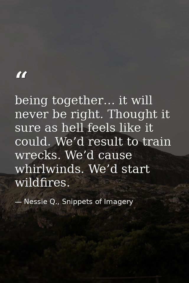 being together… it will never be right. Thought it sure as hell feels like it could. We’d result to train wrecks. We’d c — Nessie Q., Snippets of Imagery