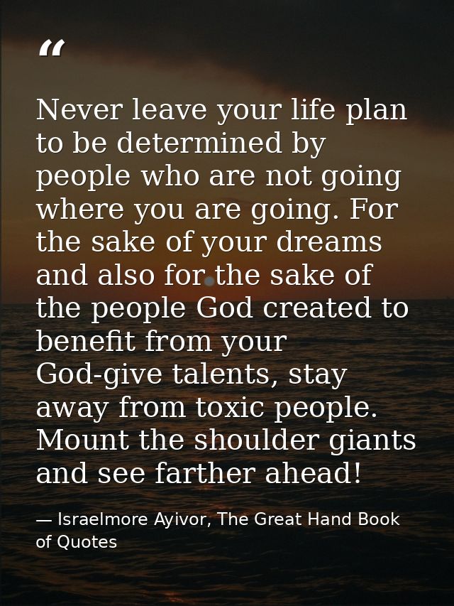 Never leave your life plan to be determined by people who are not going where you are going. For the sake of your dreams — Israelmore Ayivor, The Great Hand Book of Quotes
