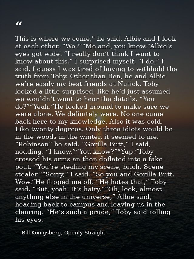 This is where we come," he said. Albie and I look at each other. “We?”“Me and, you know.”Albie’s eyes got wide. “I reall — Bill Konigsberg, Openly Straight