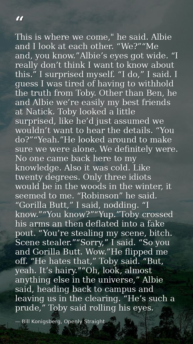This is where we come," he said. Albie and I look at each other. “We?”“Me and, you know.”Albie’s eyes got wide. “I reall — Bill Konigsberg, Openly Straight