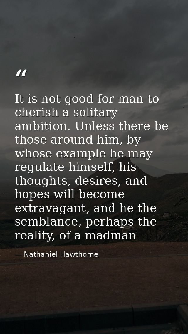 It is not good for man to cherish a solitary ambition. Unless there be those around him, by whose example he may regulat — Nathaniel Hawthorne
