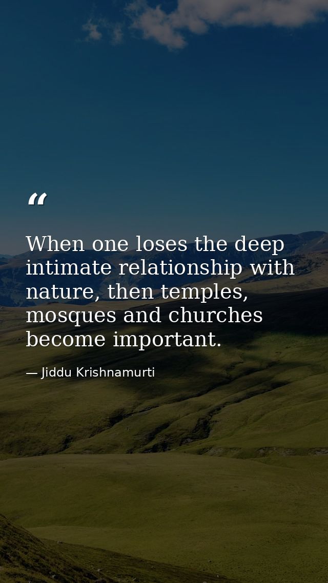 When one loses the deep intimate relationship with nature, then temples, mosques and churches become important. — Jiddu Krishnamurti