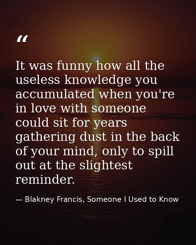 It was funny how all the useless knowledge you accumulated when you're in love with someone could sit for years gatherin — Blakney Francis, Someone I Used to Know