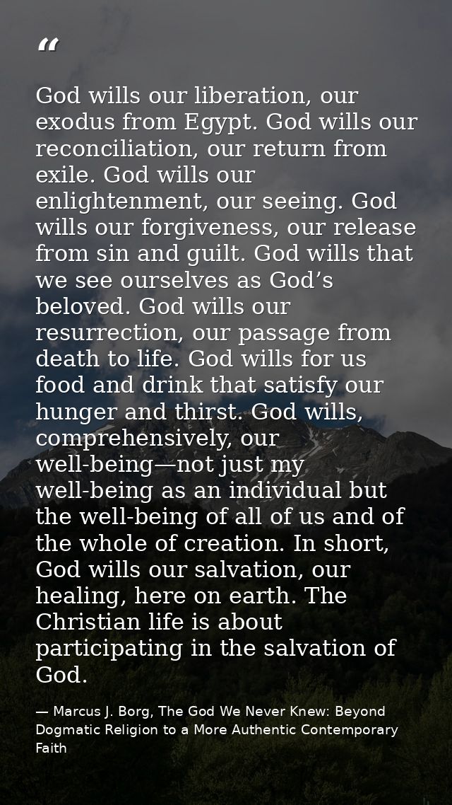 God wills our liberation, our exodus from Egypt. God wills our reconciliation, our return from exile. God wills our enli — Marcus J. Borg, The God We Never Knew: Beyond Dogmatic Religion to a More Authentic Contemporary Faith
