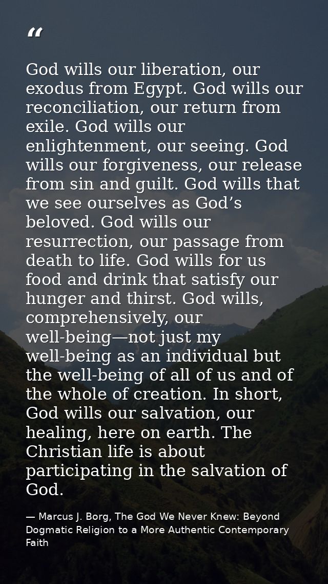 God wills our liberation, our exodus from Egypt. God wills our reconciliation, our return from exile. God wills our enli — Marcus J. Borg, The God We Never Knew: Beyond Dogmatic Religion to a More Authentic Contemporary Faith
