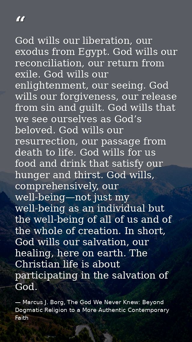 God wills our liberation, our exodus from Egypt. God wills our reconciliation, our return from exile. God wills our enli — Marcus J. Borg, The God We Never Knew: Beyond Dogmatic Religion to a More Authentic Contemporary Faith