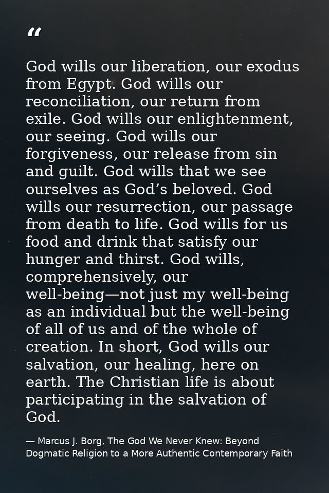 God wills our liberation, our exodus from Egypt. God wills our reconciliation, our return from exile. God wills our enli — Marcus J. Borg, The God We Never Knew: Beyond Dogmatic Religion to a More Authentic Contemporary Faith