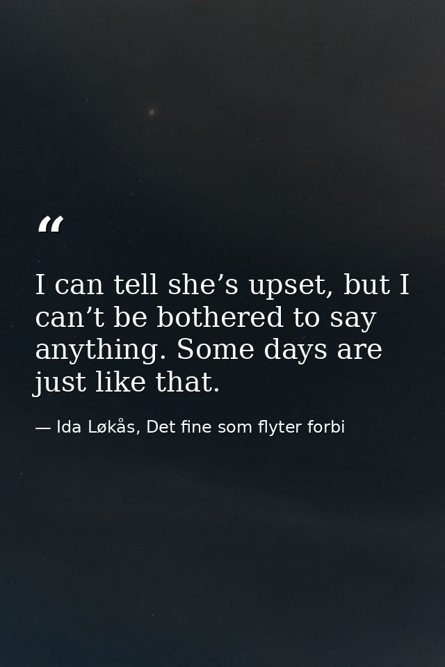 I can tell she’s upset, but I can’t be bothered to say anything. Some days are just like that. — Ida Løkås, Det fine som flyter forbi