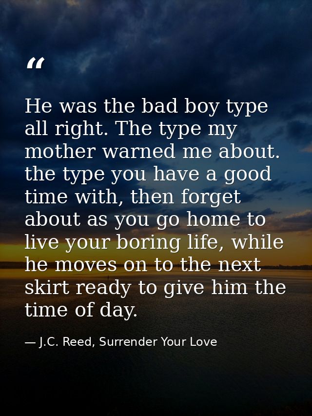 He was the bad boy type all right. The type my mother warned me about. the type you have a good time with, then forget a — J.C. Reed, Surrender Your Love