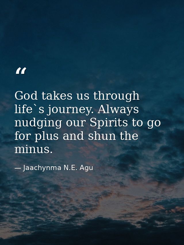 God takes us through life`s journey. Always nudging our Spirits to go for plus and shun the minus. — Jaachynma N.E. Agu