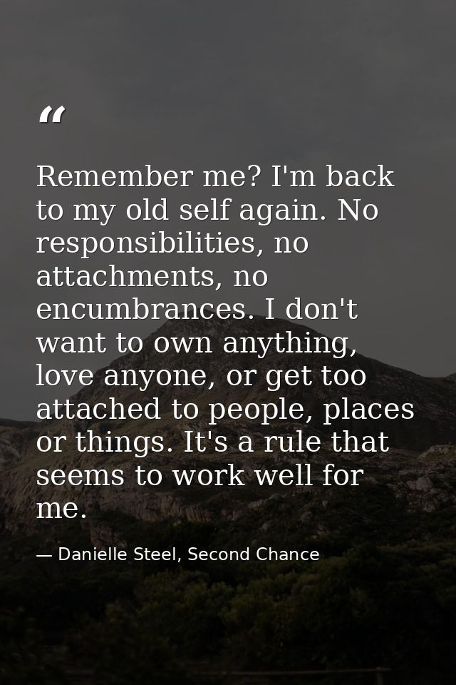 Remember me? I'm back to my old self again. No responsibilities, no attachments, no encumbrances. I don't want to own an — Danielle Steel, Second Chance