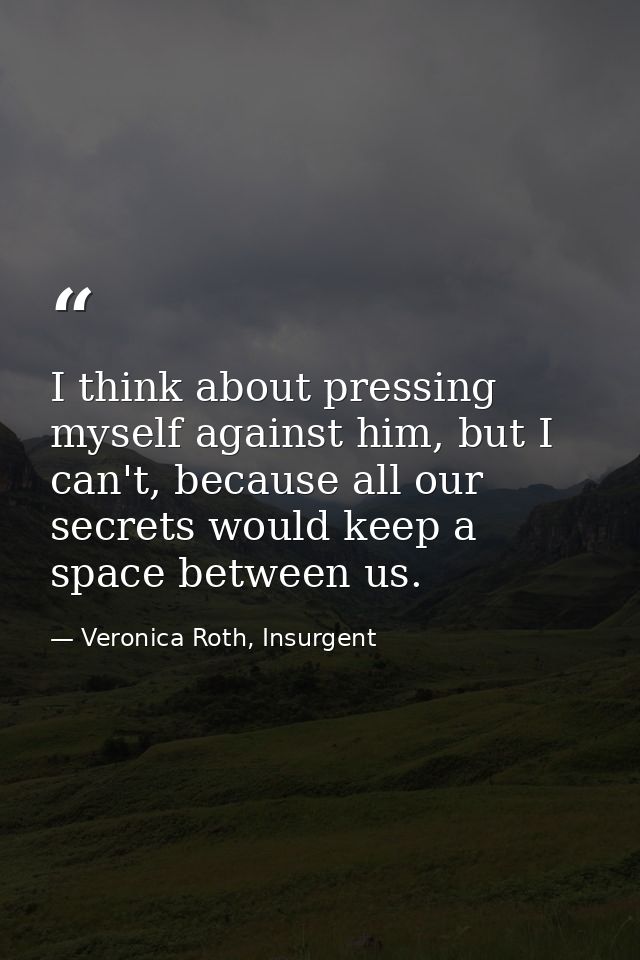 I think about pressing myself against him, but I can't, because all our secrets would keep a space between us. — Veronica Roth, Insurgent
