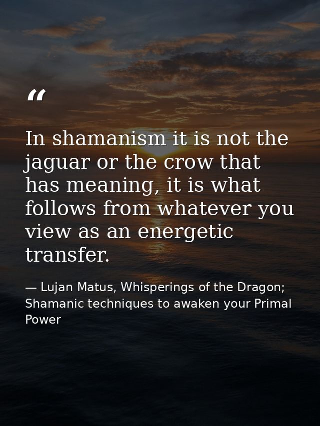 In shamanism it is not the jaguar or the crow that has meaning, it is what follows from whatever you view as an energeti — Lujan Matus, Whisperings of the Dragon; Shamanic techniques to awaken your Primal Power