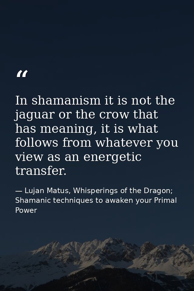 In shamanism it is not the jaguar or the crow that has meaning, it is what follows from whatever you view as an energeti — Lujan Matus, Whisperings of the Dragon; Shamanic techniques to awaken your Primal Power