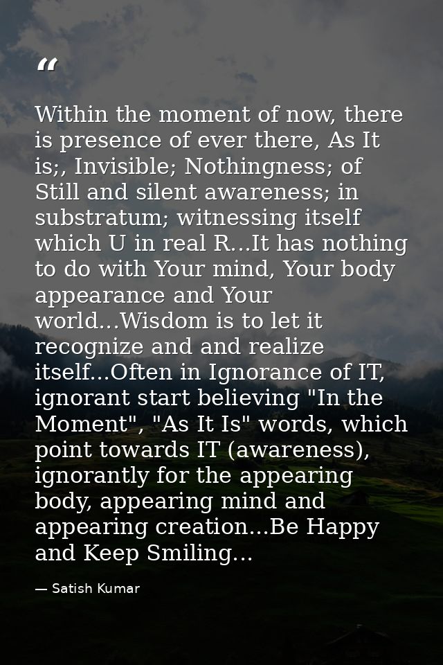 Within the moment of now, there is presence of ever there, As It is;, Invisible; Nothingness; of Still and silent awaren — Satish Kumar