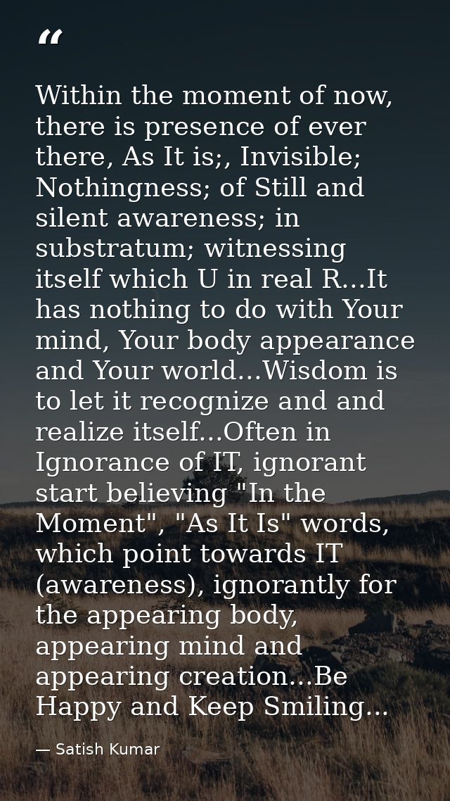 Within the moment of now, there is presence of ever there, As It is;, Invisible; Nothingness; of Still and silent awaren — Satish Kumar