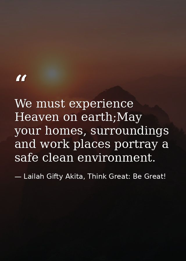 We must experience Heaven on earth;May your homes, surroundings and work places portray a safe clean environment. — Lailah Gifty Akita, Think Great: Be Great!