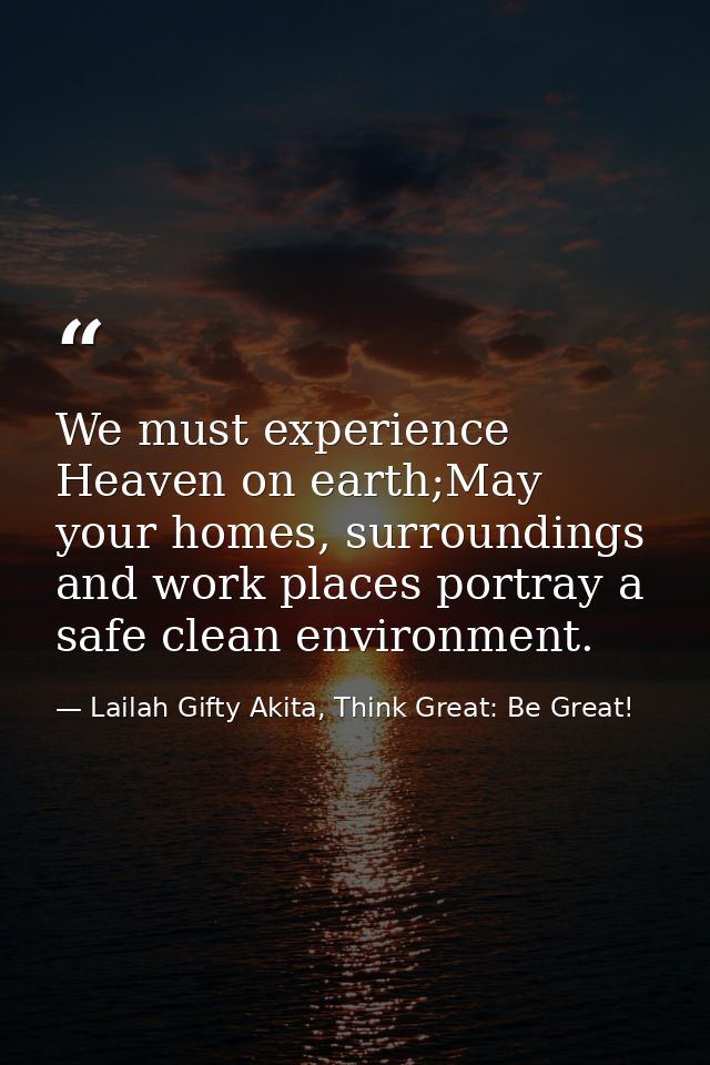 We must experience Heaven on earth;May your homes, surroundings and work places portray a safe clean environment. — Lailah Gifty Akita, Think Great: Be Great!