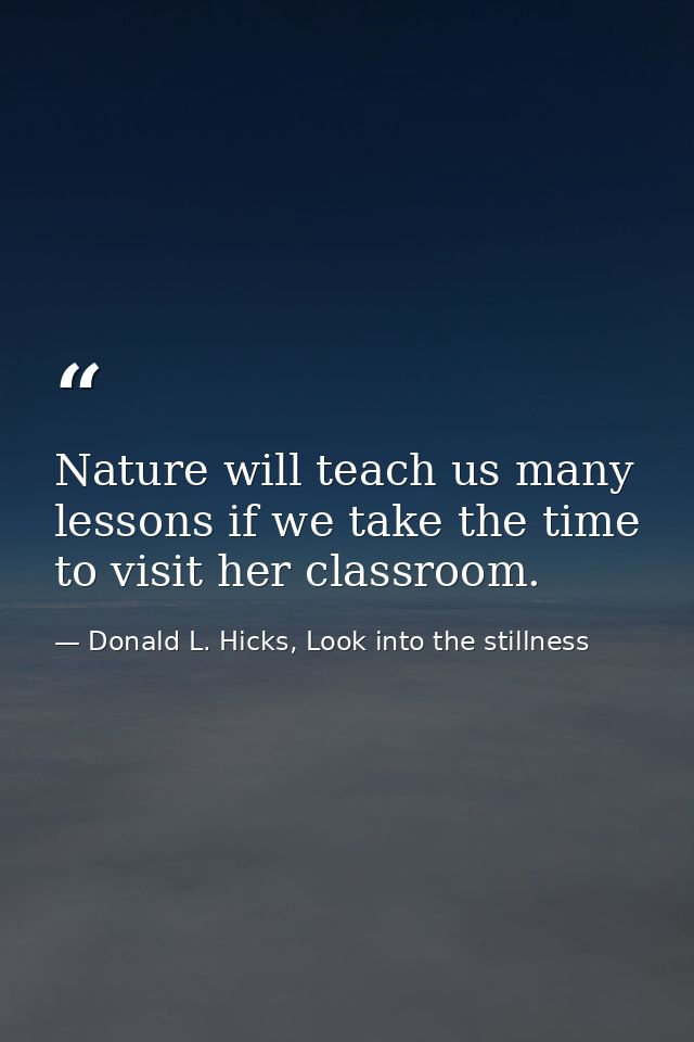 Nature will teach us many lessons if we take the time to visit her classroom. — Donald L. Hicks, Look into the stillness