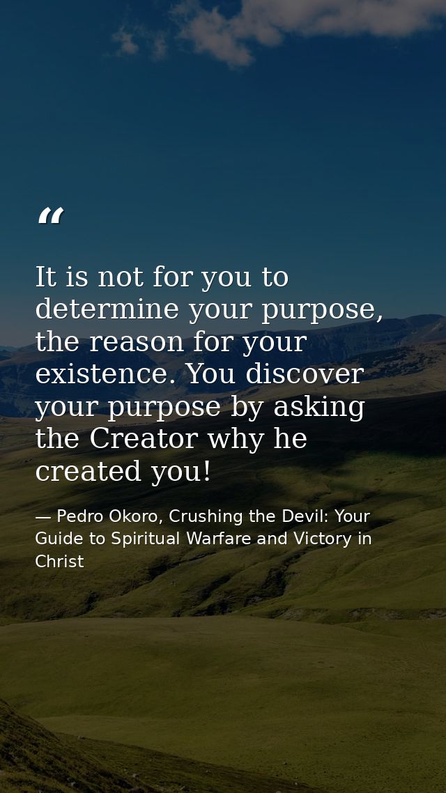 It is not for you to determine your purpose, the reason for your existence. You discover your purpose by asking the Crea — Pedro Okoro, Crushing the Devil: Your Guide to Spiritual Warfare and Victory in Christ