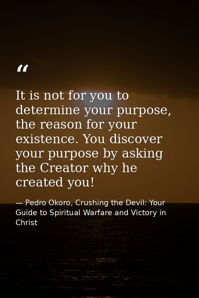 It is not for you to determine your purpose, the reason for your existence. You discover your purpose by asking the Crea — Pedro Okoro, Crushing the Devil: Your Guide to Spiritual Warfare and Victory in Christ