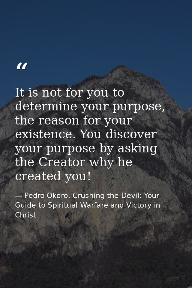 It is not for you to determine your purpose, the reason for your existence. You discover your purpose by asking the Crea — Pedro Okoro, Crushing the Devil: Your Guide to Spiritual Warfare and Victory in Christ