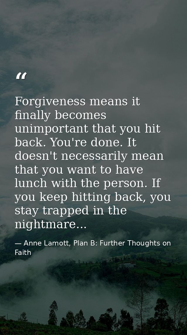 Forgiveness means it finally becomes unimportant that you hit back. You're done. It doesn't necessarily mean that you wa — Anne Lamott, Plan B: Further Thoughts on Faith