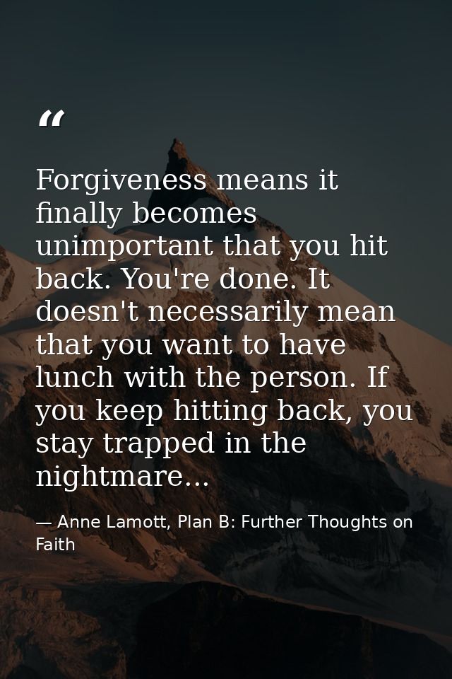 Forgiveness means it finally becomes unimportant that you hit back. You're done. It doesn't necessarily mean that you wa — Anne Lamott, Plan B: Further Thoughts on Faith
