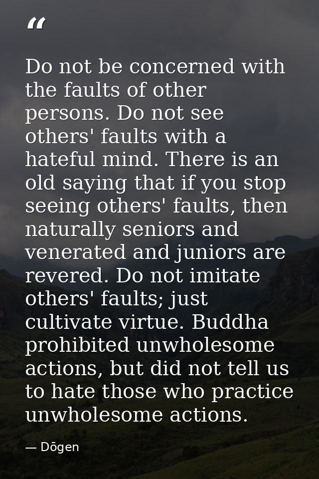 Do not be concerned with the faults of other persons. Do not see others' faults with a hateful mind. There is an old say — Dōgen