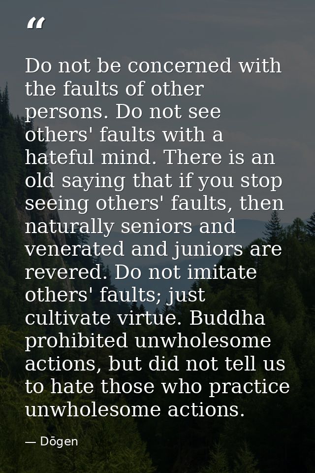 Do not be concerned with the faults of other persons. Do not see others' faults with a hateful mind. There is an old say — Dōgen