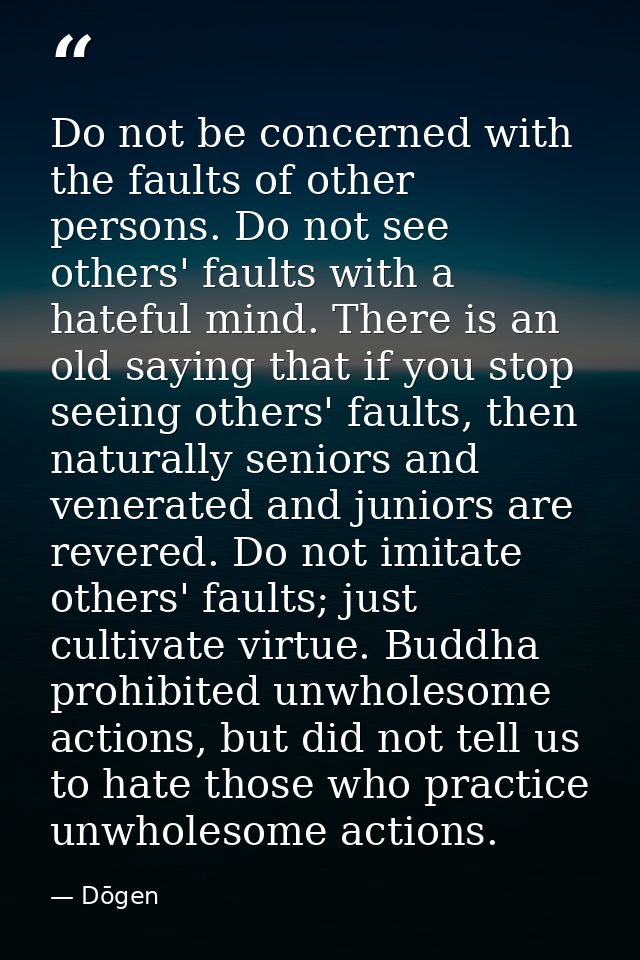 Do not be concerned with the faults of other persons. Do not see others' faults with a hateful mind. There is an old say — Dōgen