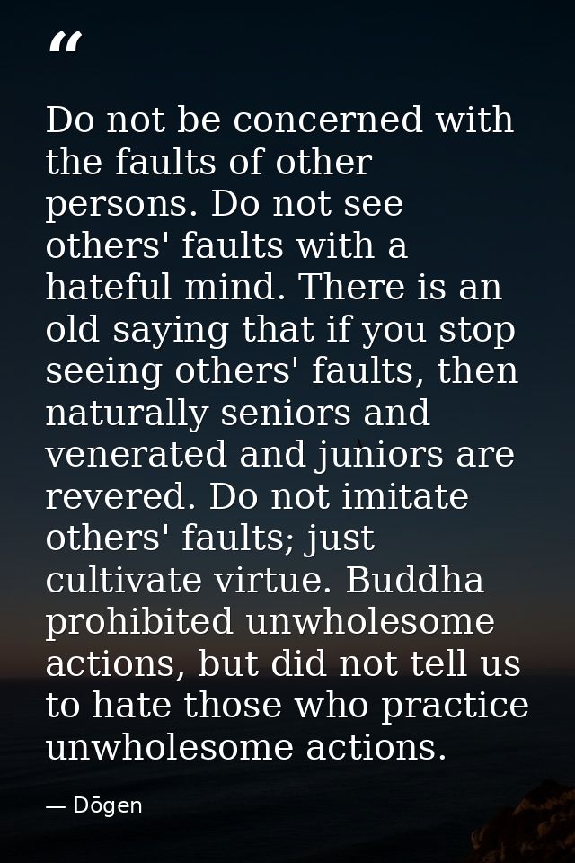 Do not be concerned with the faults of other persons. Do not see others' faults with a hateful mind. There is an old say — Dōgen