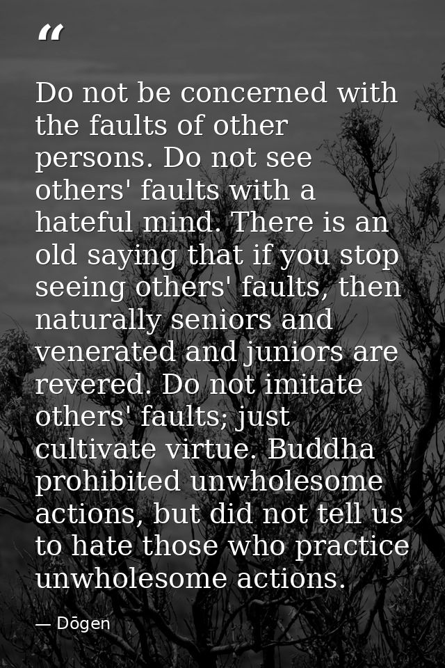 Do not be concerned with the faults of other persons. Do not see others' faults with a hateful mind. There is an old say — Dōgen