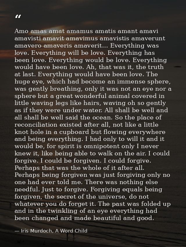 Amo amas amat amamus amatis amant amavi amavisti amavit amavimus amavistis amaverunt amavero amaveris amaverit… Everythi — Iris Murdoch, A Word Child