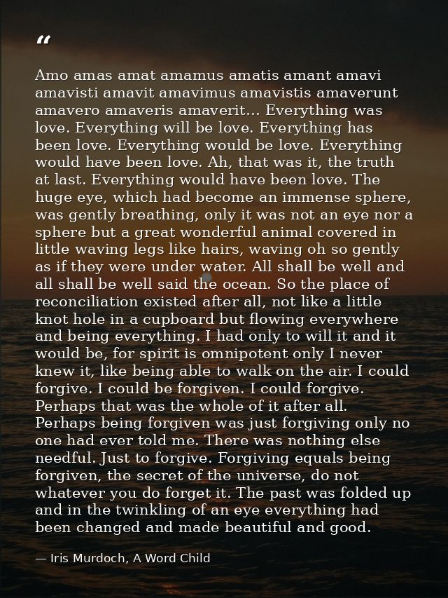 Amo amas amat amamus amatis amant amavi amavisti amavit amavimus amavistis amaverunt amavero amaveris amaverit… Everythi — Iris Murdoch, A Word Child