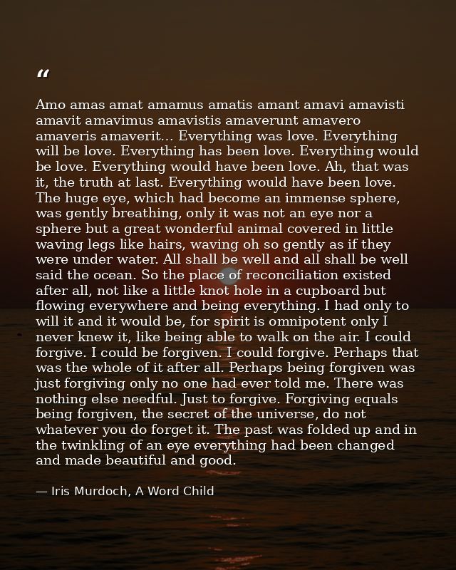 Amo amas amat amamus amatis amant amavi amavisti amavit amavimus amavistis amaverunt amavero amaveris amaverit… Everythi — Iris Murdoch, A Word Child