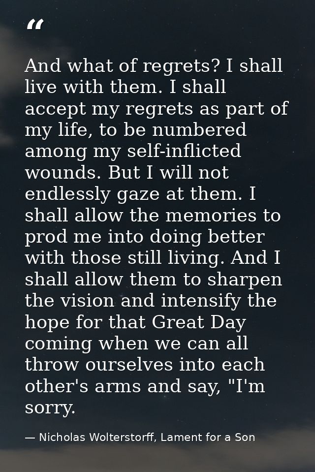 And what of regrets? I shall live with them. I shall accept my regrets as part of my life, to be numbered among my self- — Nicholas Wolterstorff, Lament for a Son