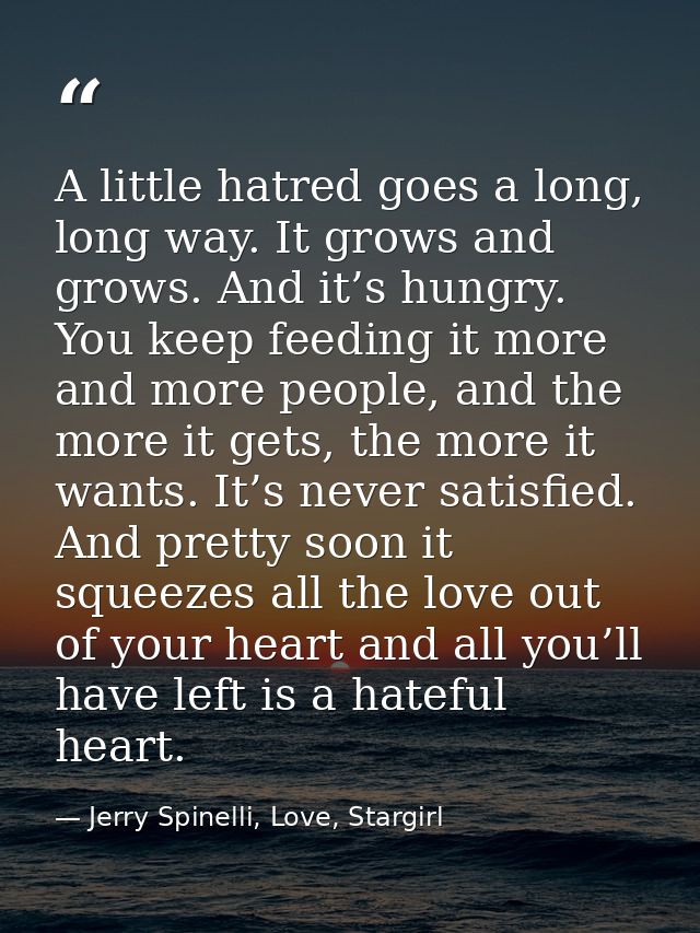 A little hatred goes a long, long way. It grows and grows. And it’s hungry. You keep feeding it more and more people, an — Jerry Spinelli, Love, Stargirl