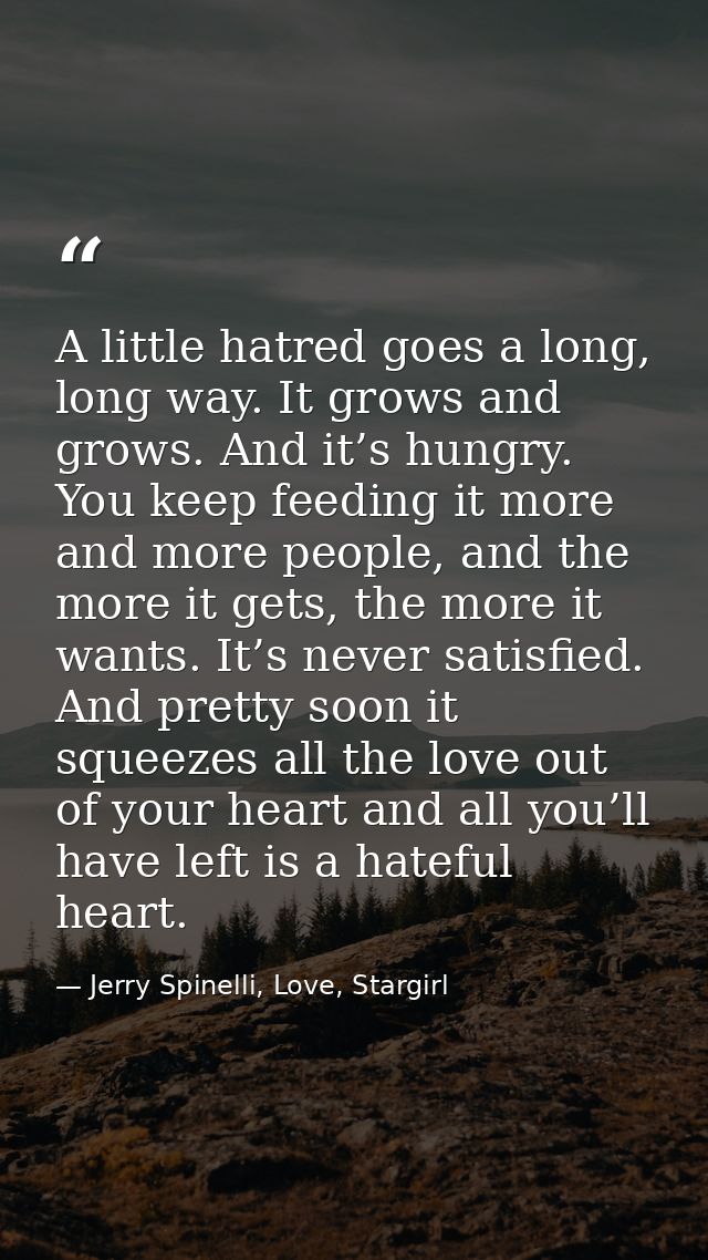 A little hatred goes a long, long way. It grows and grows. And it’s hungry. You keep feeding it more and more people, an — Jerry Spinelli, Love, Stargirl