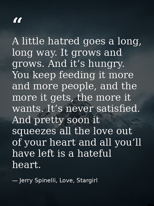 A little hatred goes a long, long way. It grows and grows. And it’s hungry. You keep feeding it more and more people, an — Jerry Spinelli, Love, Stargirl